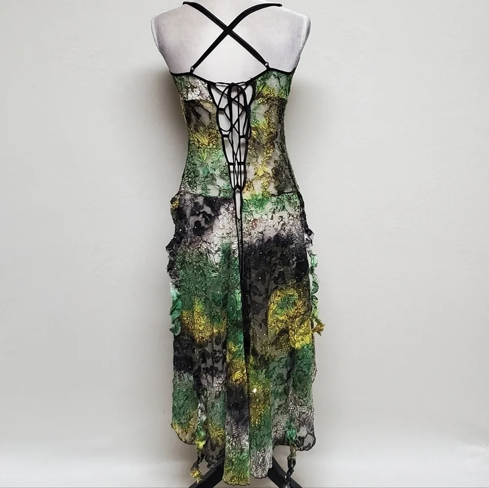 80s Rare Vintage Surprise Parties Green Tie-Dye Sheer Lace Lace-up Bustle Dress - Picture 14 of 16